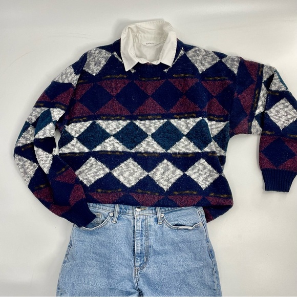 Vintage Sweaters - v i n t a g e :: Warm 80s Geometric Print Slouchy Baggie Gorpcore Knit Sweater